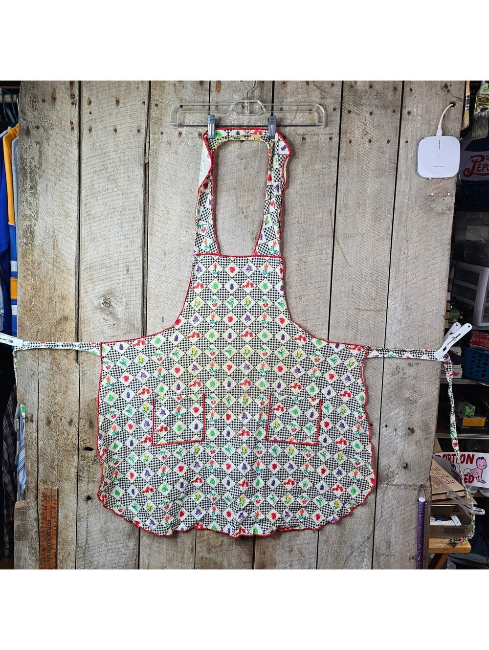 Vintage Gingham Apron Black White Red Trim Fruits Vegetables Floral Pattern